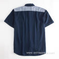 Men's Dark Blue Pockets Short Sleeve Embroidered Shirts